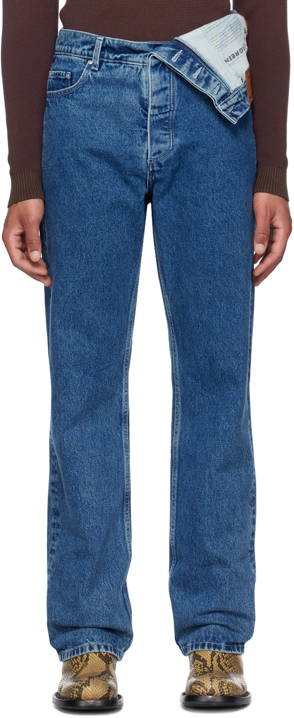 Y/Project: Blue Asymmetric Waist Jeans | SSENSE