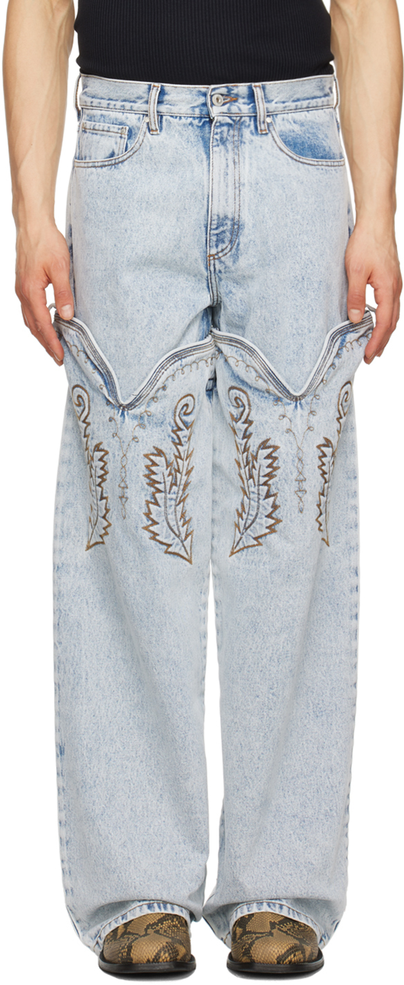 Y/project Blue Classic Cowboy Cuff Jeans In Ice Blue | ModeSens