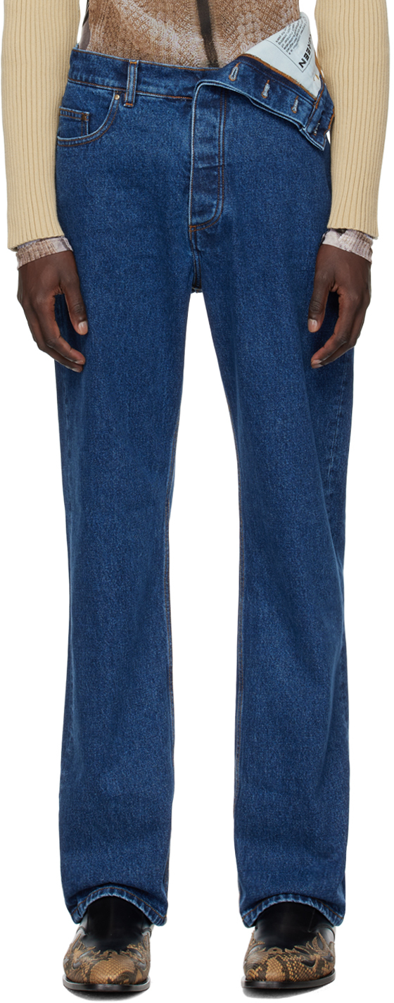 Y/project Blue Asymmetric Waist Jeans In Navy