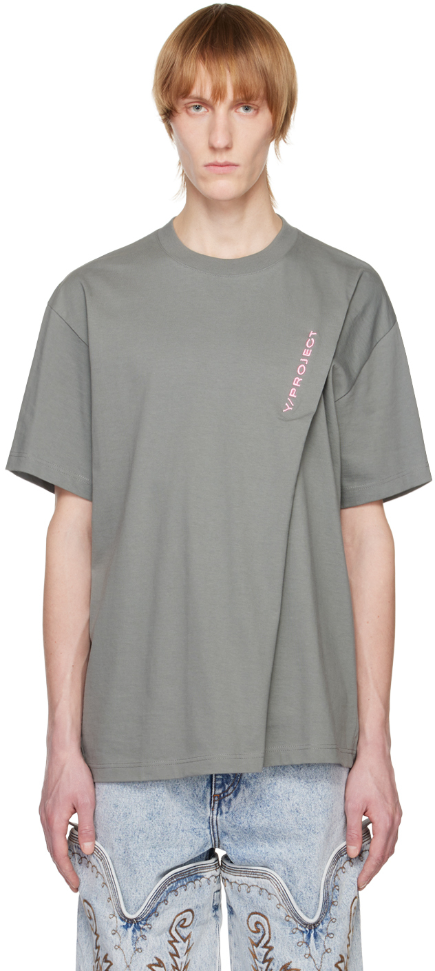 Y/project Gray Embroidered T-shirt In Grey