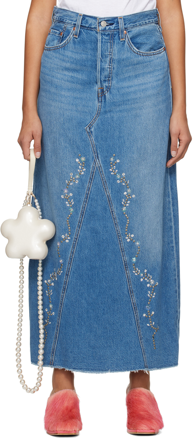 Anna Sui Ssense Exclusive Blue Denim Midi Skirt