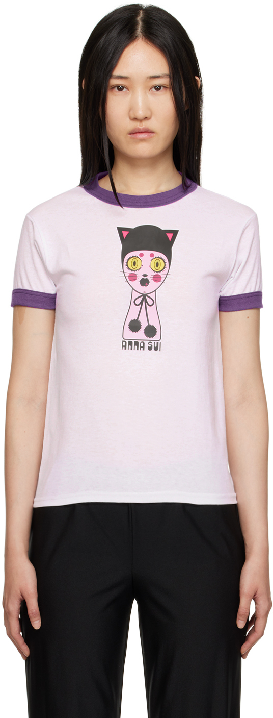 Anna Sui White & Purple Cat Dolly Head T-Shirt