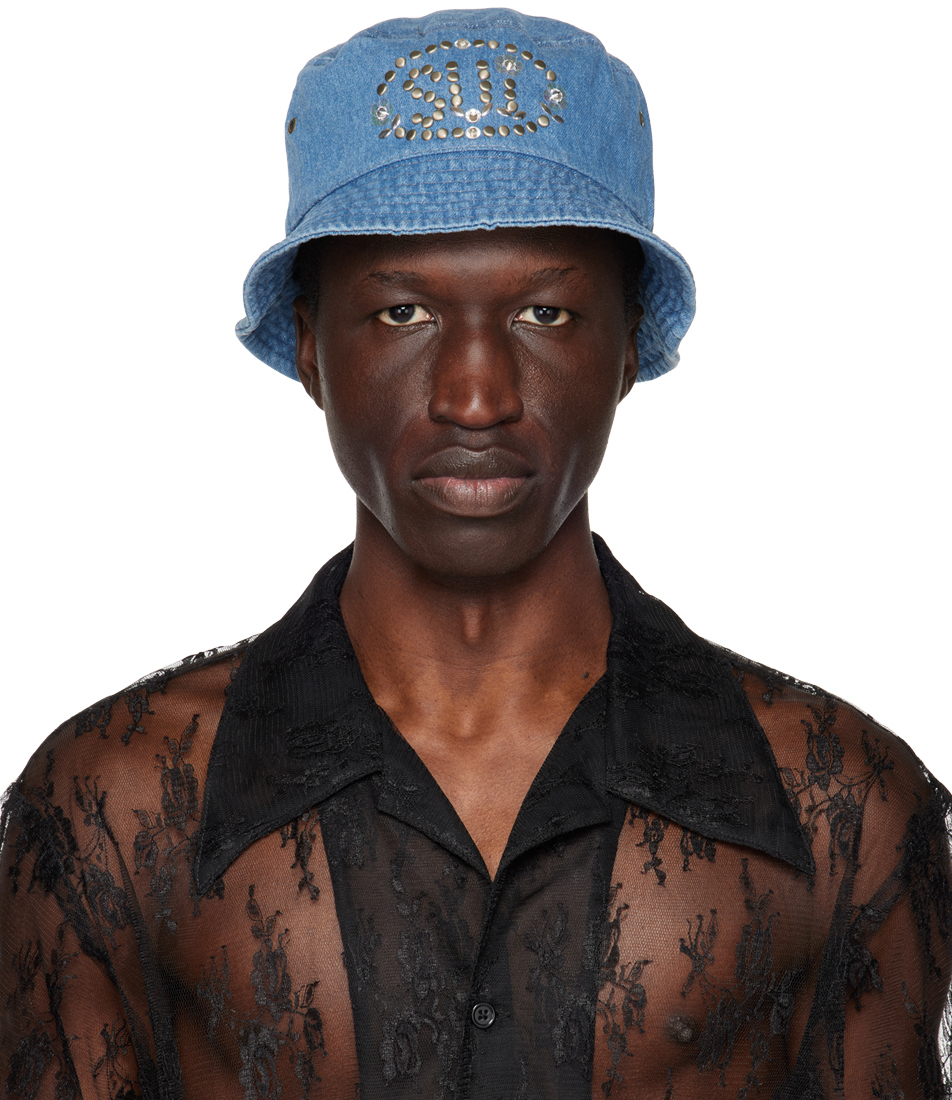 Anna Sui Ssense Exclusive Blue Studded Denim Bucket Hat