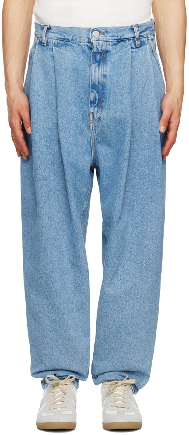 Hed Mayner Blue Pleated Jeans In Stone Washed Blue