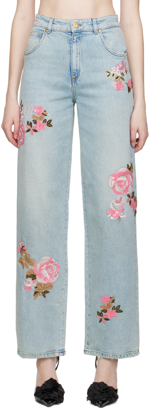 Floral Embellished Wide Leg Jeans in Blue - Blumarine
