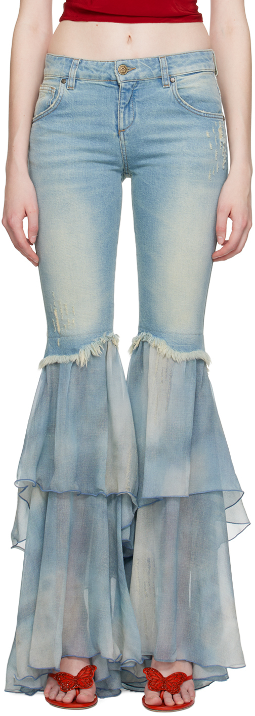 Blumarine Blue Flared Jeans With Chiffon Ruffles