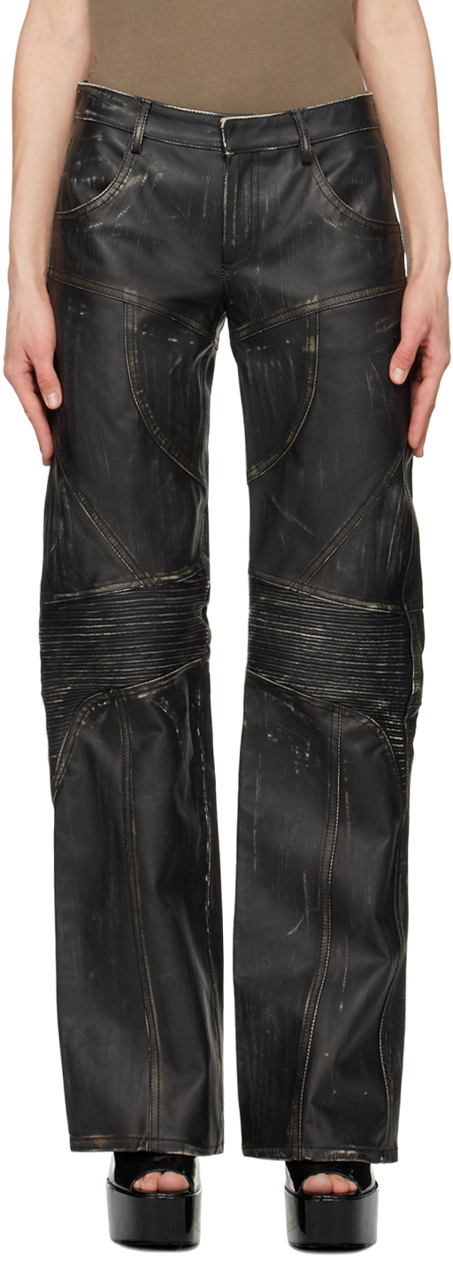 Blumarine: Black Distressed Leather Pants | SSENSE UK