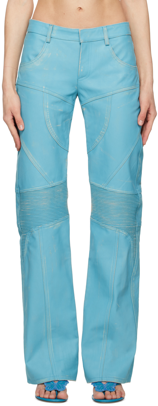 Blumarine Blue Distressed Leather Pants In N0699 Butterfly