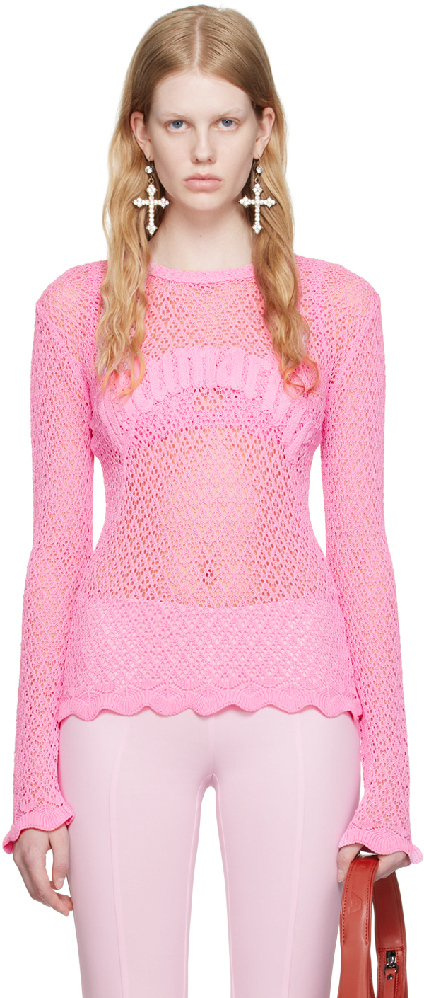 Blumarine Logo-detail Open-knit Top In Pink
