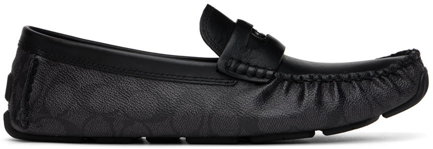 Shop Coach Black Coin Driver Loafers In Charcoal Black