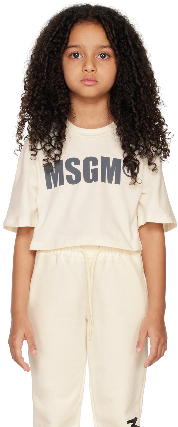 Msgm Kids Off-white Cropped T-shirt In 13 Crema