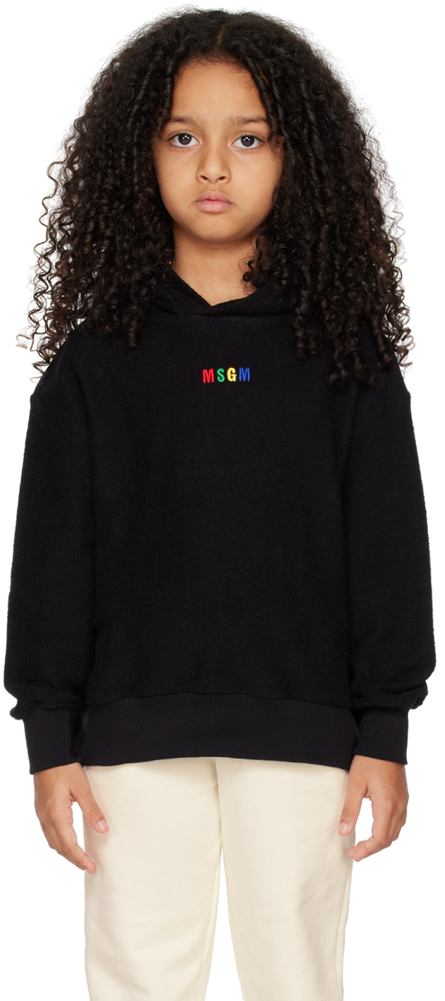 Msgm Kids Black Embroidered Hoodie In 110 Nero