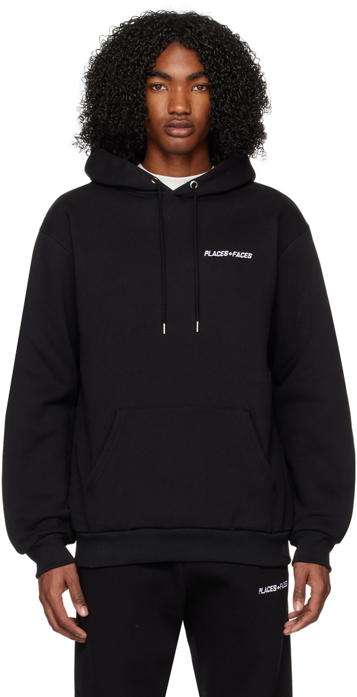 PLACES+FACES: Black Embroidered Hoodie | SSENSE