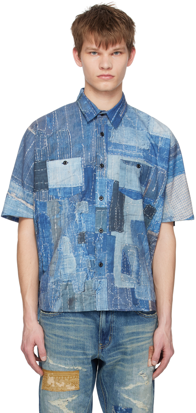 Blue Printed Patchwork Shirt by FDMTL on Sale