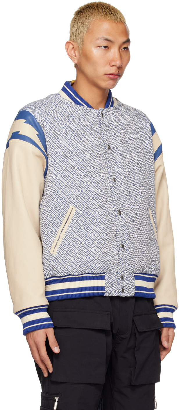 RHUDE JACQUARD LIGHTNING BOMBER JACKET IN BLUE/IVORY