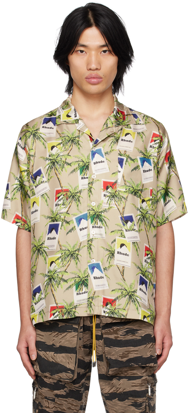 Rhude Palm Tree & Cigarette Print Silk Button-up Camp Shirt In Multicolor