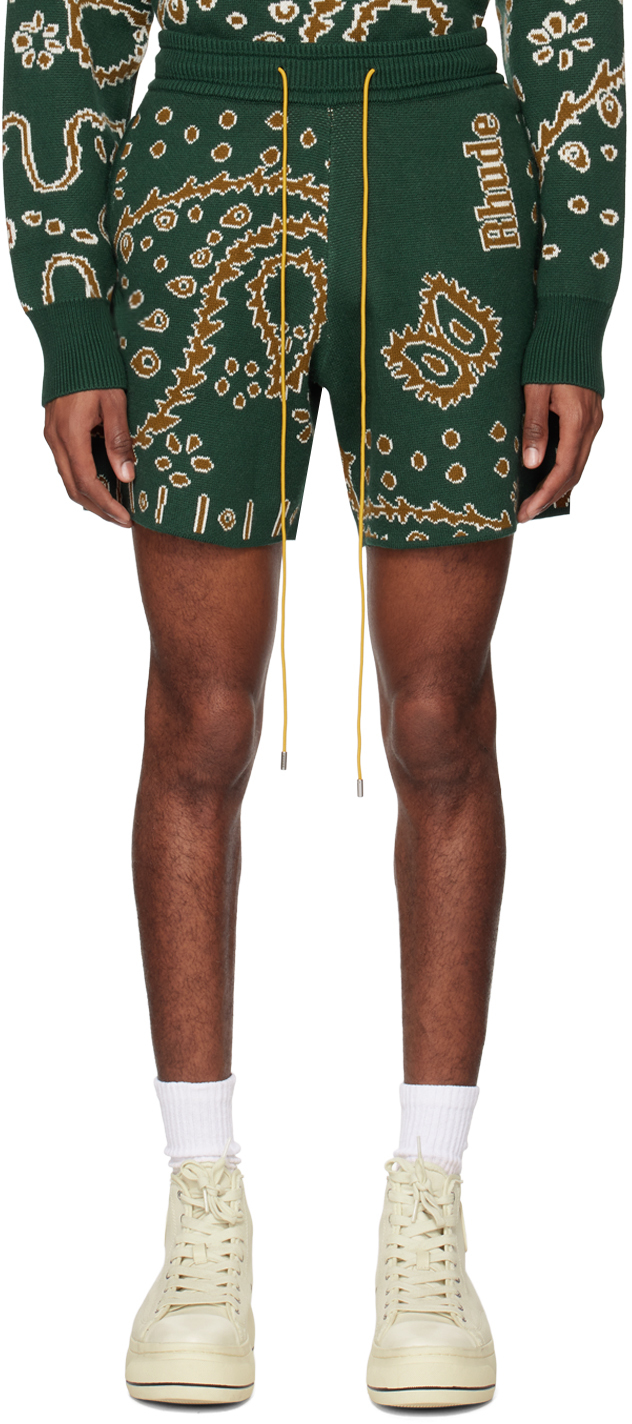 Rhude Men's Bandana Cotton-blend Intarsia Shorts In Green White