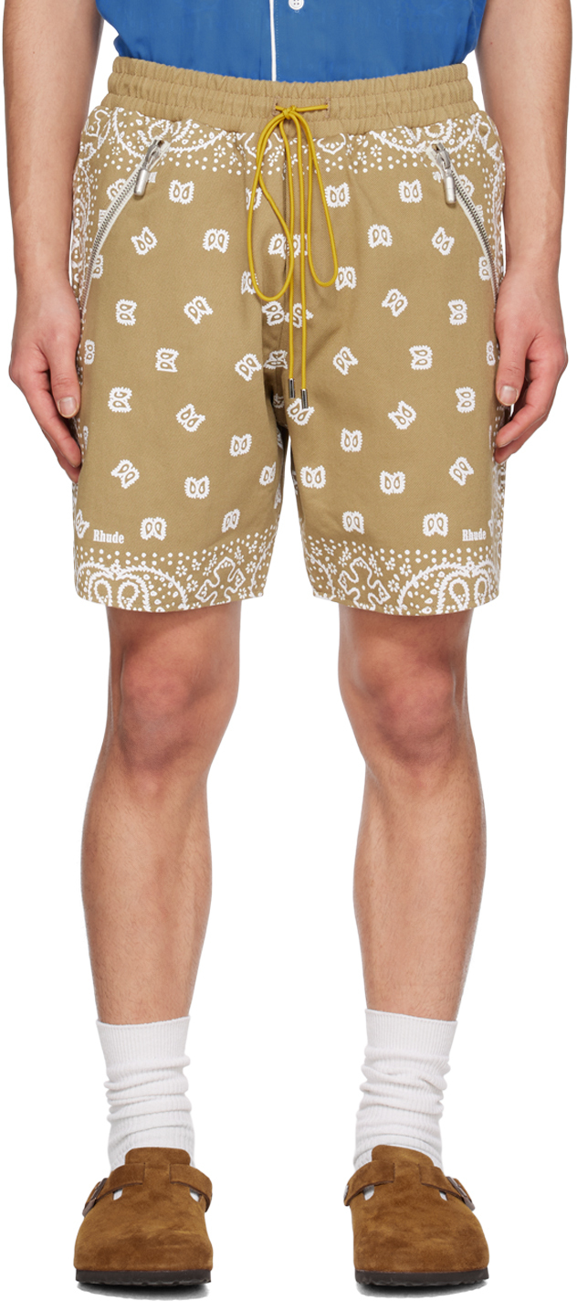 Rhude Straight-leg Bandana-print Cotton-twill Drawstring Shorts In Neutrals
