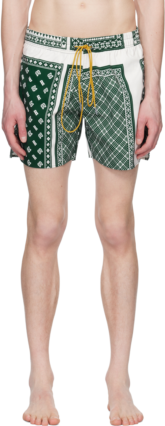 Rhude Green & White Card Print Swim Shorts