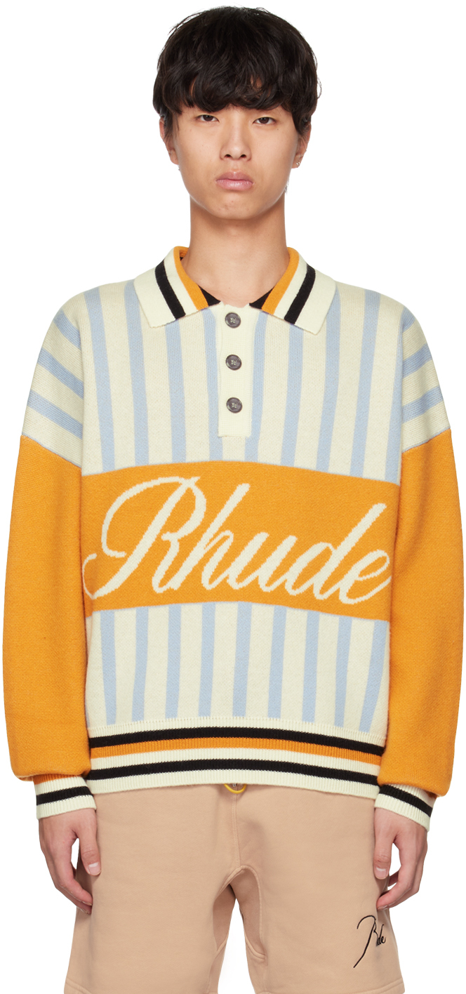 Shop Rhude Multicolor Striped Polo In Ivory & Amber