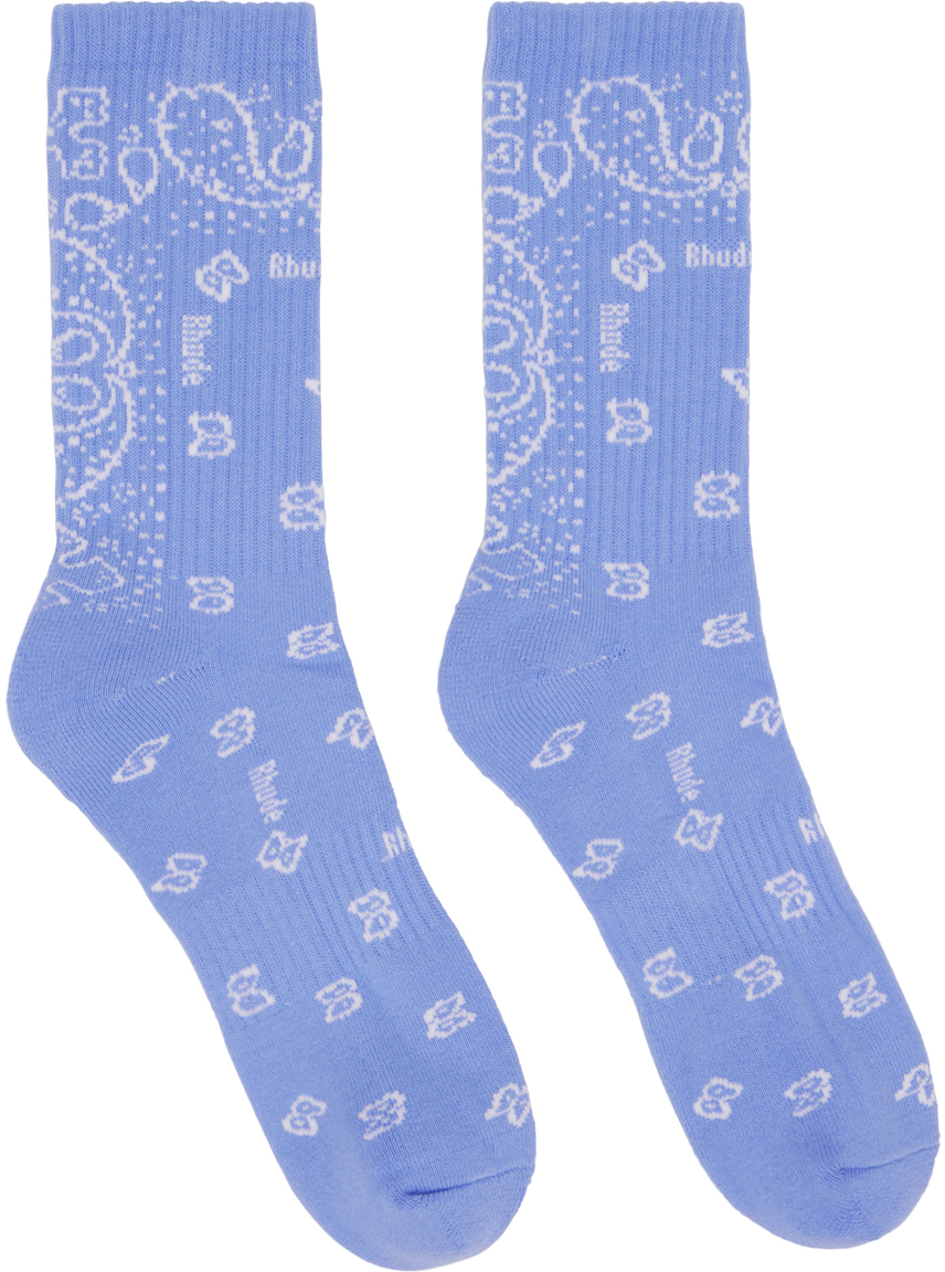 Rhude Bandana Jacquard Cotton Blend Rib Socks In Sky Blue White