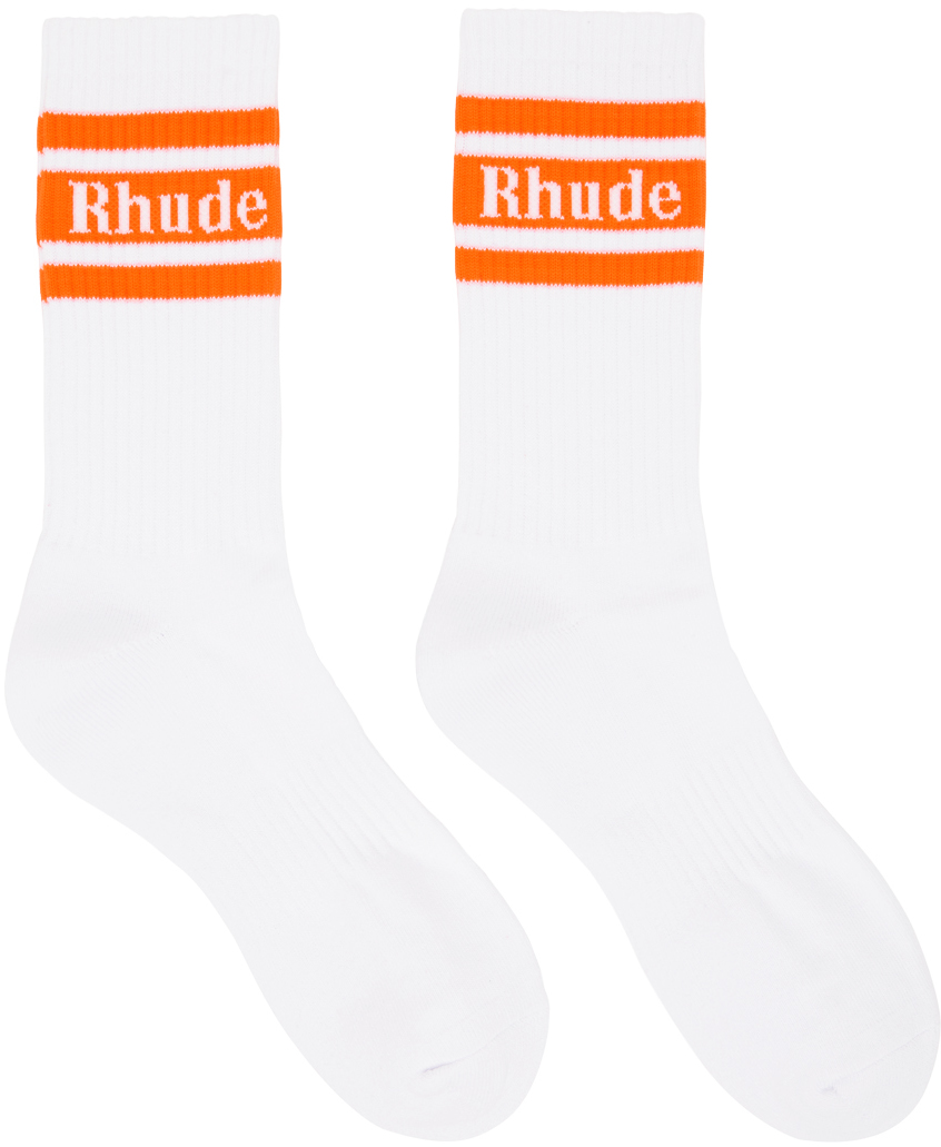 Rhude Striped Socks In White Orange