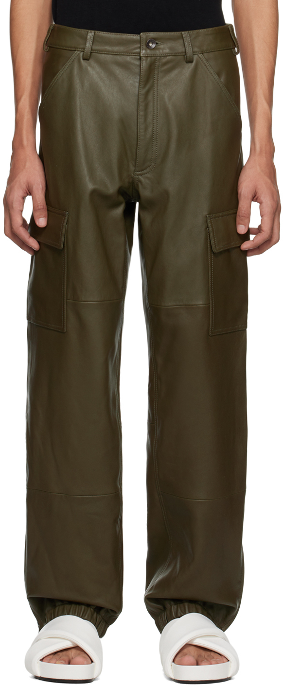 Altu Khaki Cargo Pocket Leather Pants In 000365 Deep Sage