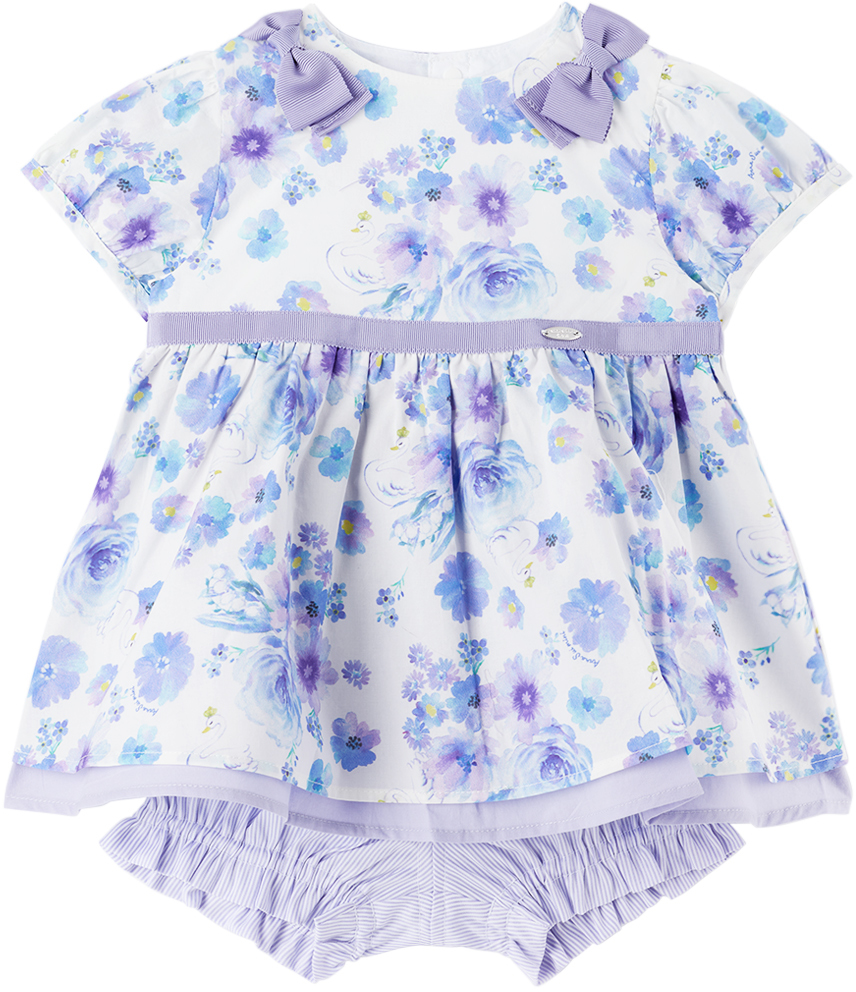 Anna Sui Mini Baby Purple Floral Dress & Bloomers Set In 01 White