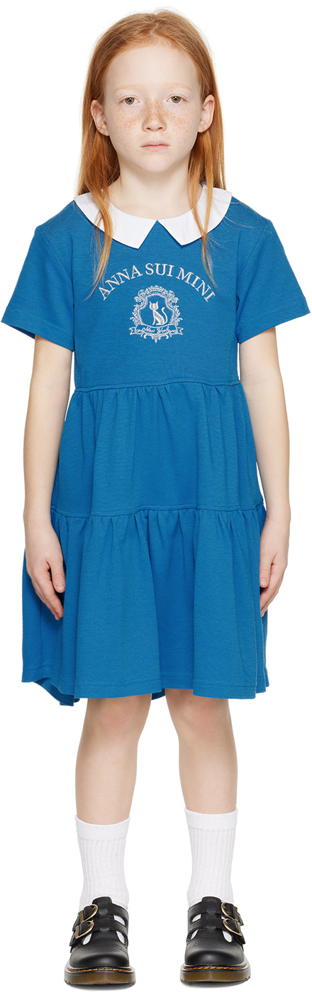 ANNA SUI MINI KIDS BLUE EMBROIDERED DRESS