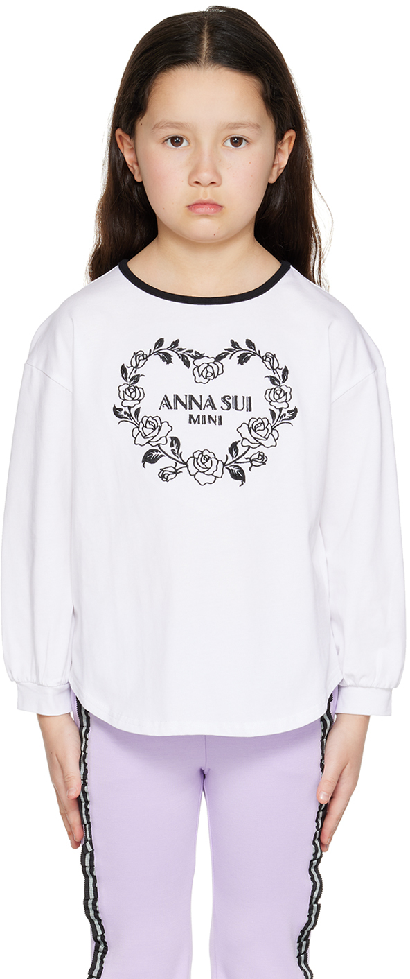 ANNA SUI MINI KIDS WHITE EMBROIDERED LONG SLEEVE T-SHIRT 