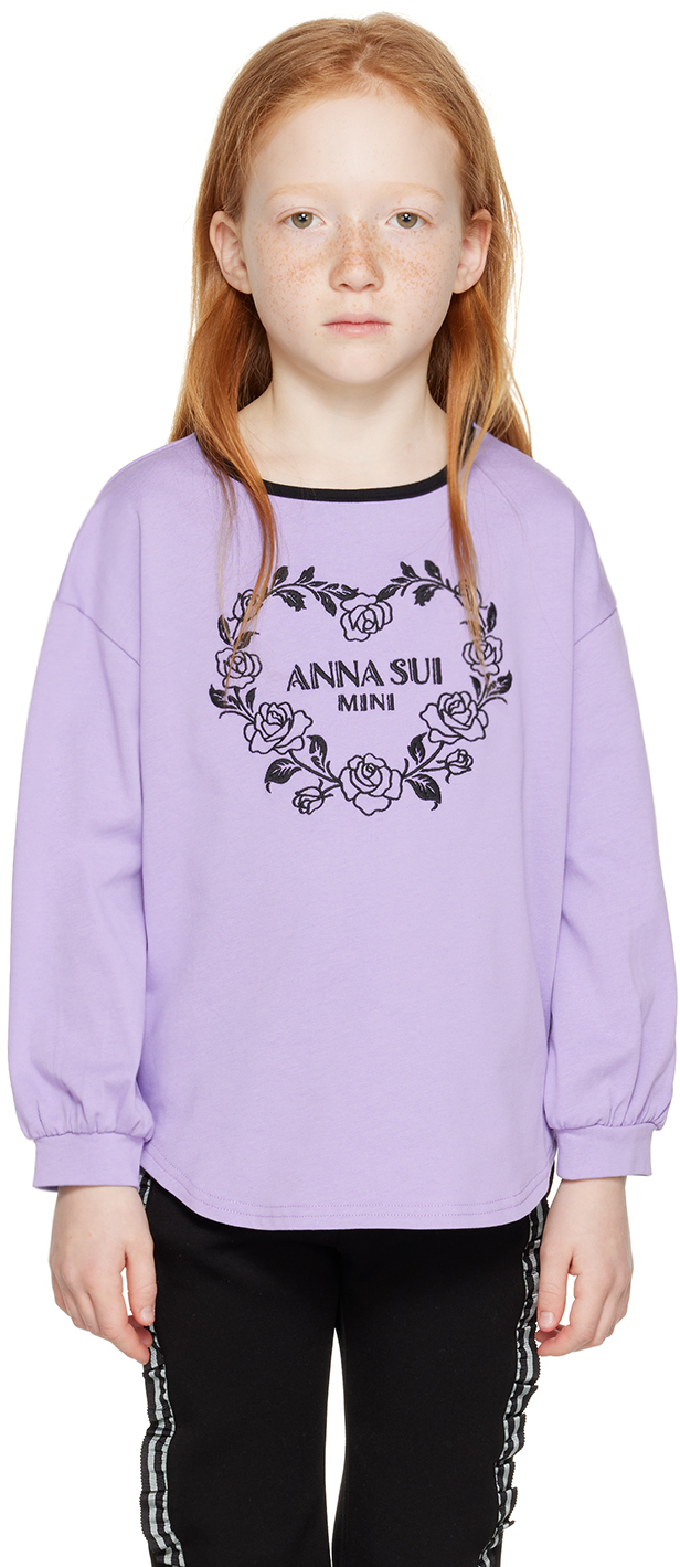 Anna Sui Mini Kids Purple Embroidered Long Sleeve T-shirt In 60 Purple