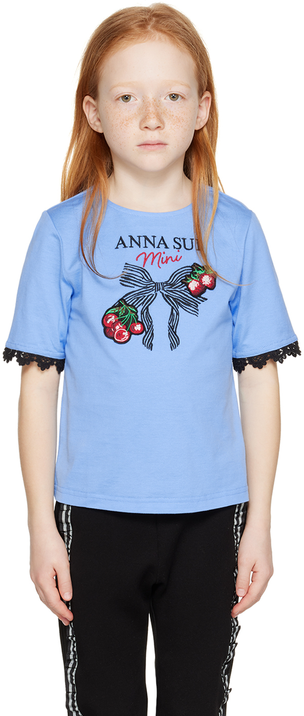 Anna Sui Mini Kids Blue Embroidered T-shirt In 57 Blue