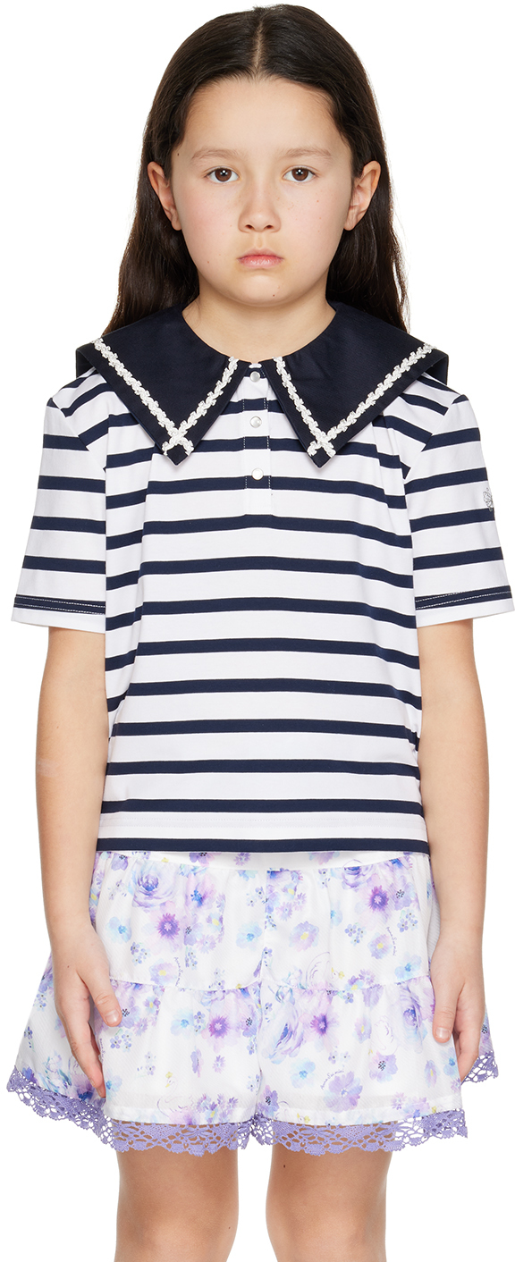 Anna Sui Mini Kids White & Navy Striped T-shirt In 50 Navy
