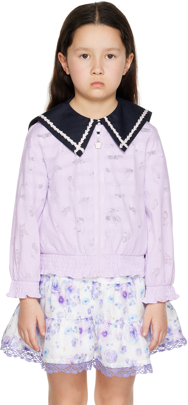 Anna Sui Mini Kids Purple Floral Cardigan In 61 Lavender