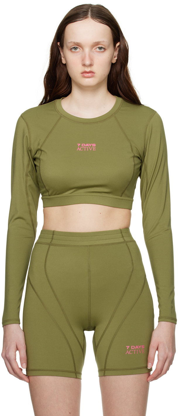 Shop 7 Days Active Green Cropped Long Sleeve T-shirt In 247 Capulet Olive