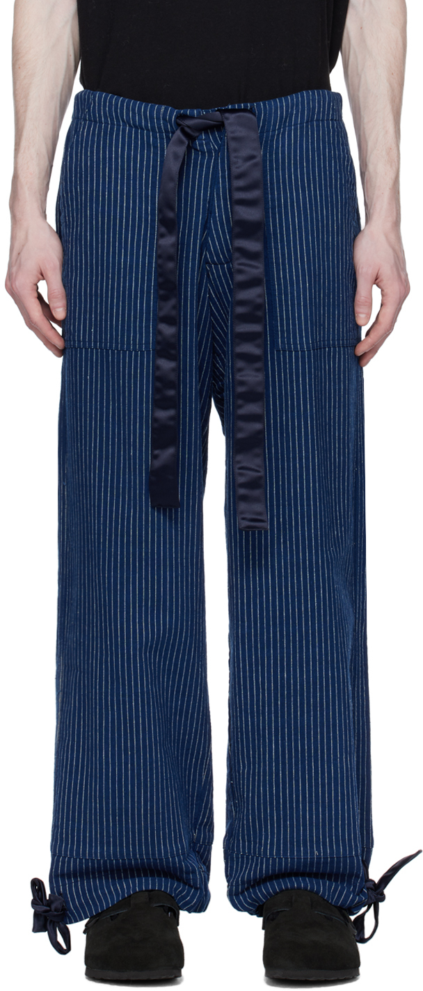 Greg Lauren Navy Pinstripe Trousers In Indigo
