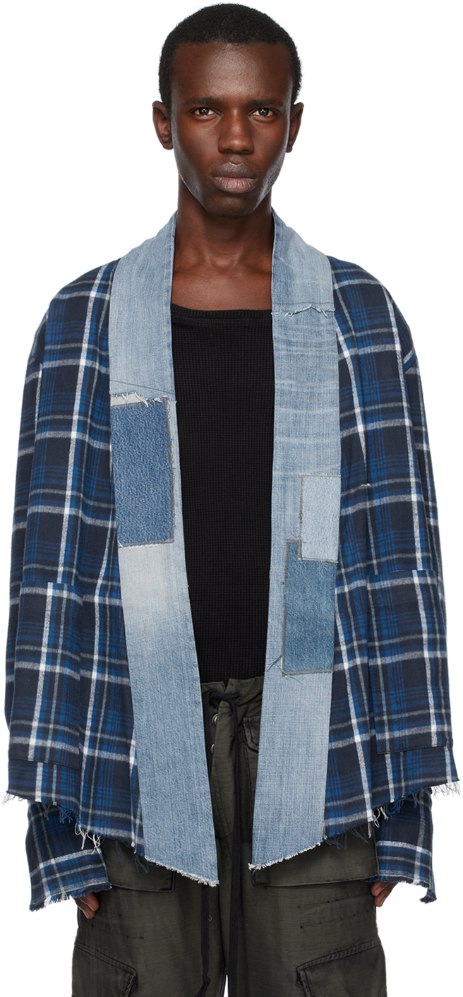 Greg Lauren: Blue Plaid Cardigan | SSENSE