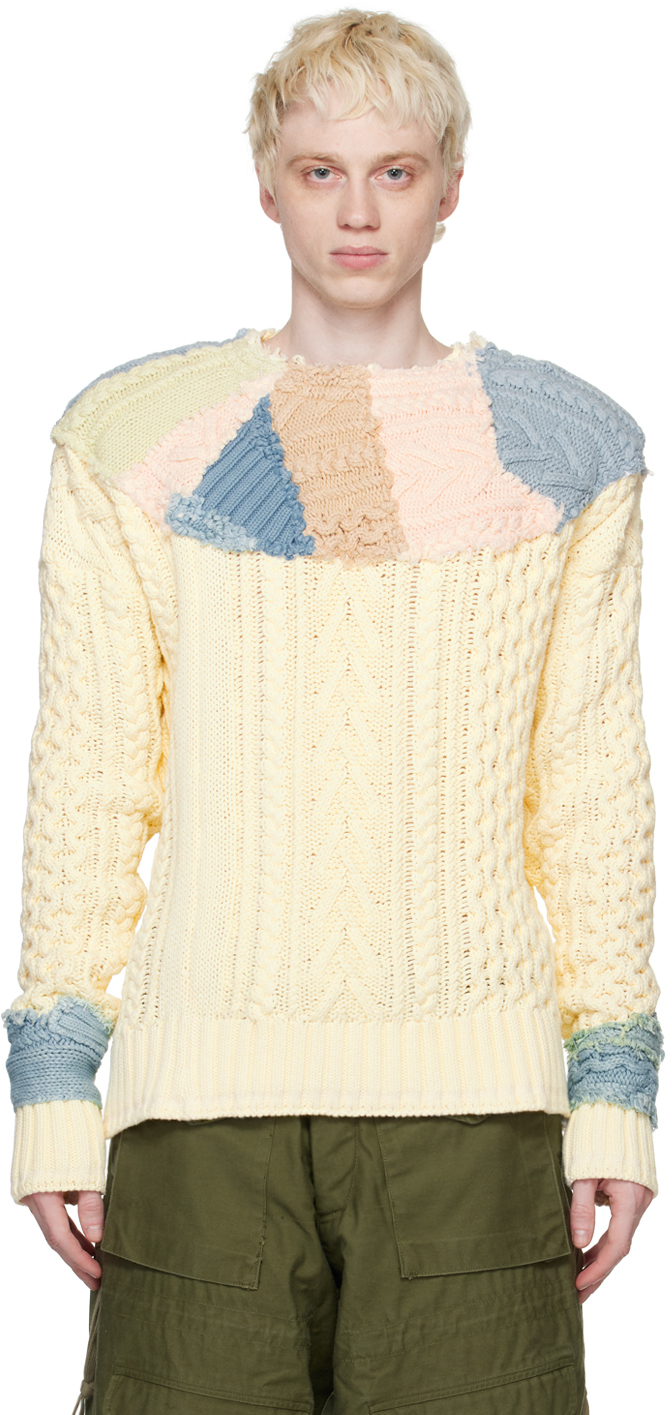 Greg Lauren Beige Stitchwork Fair Isle Sweater