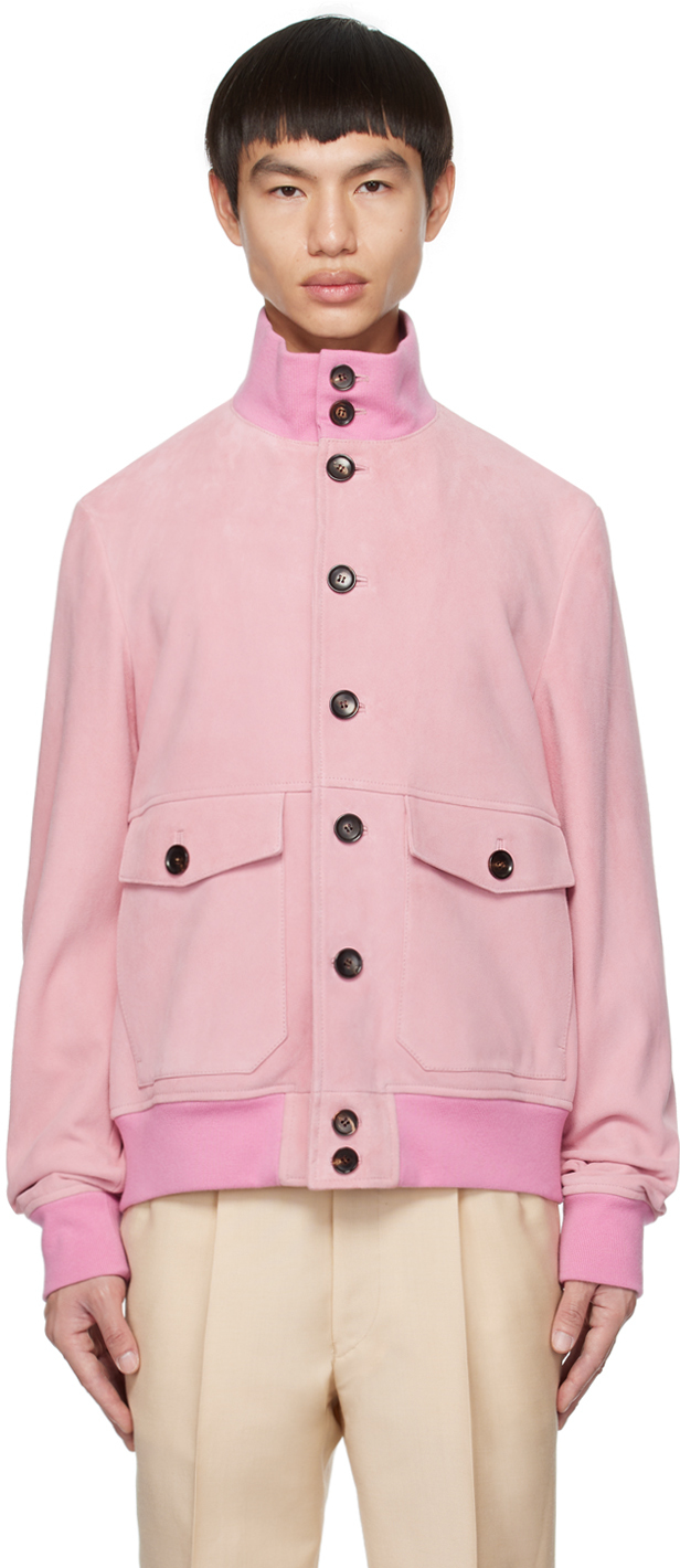 BALLY PINK BUTTON SUEDE BOMBER JACKET