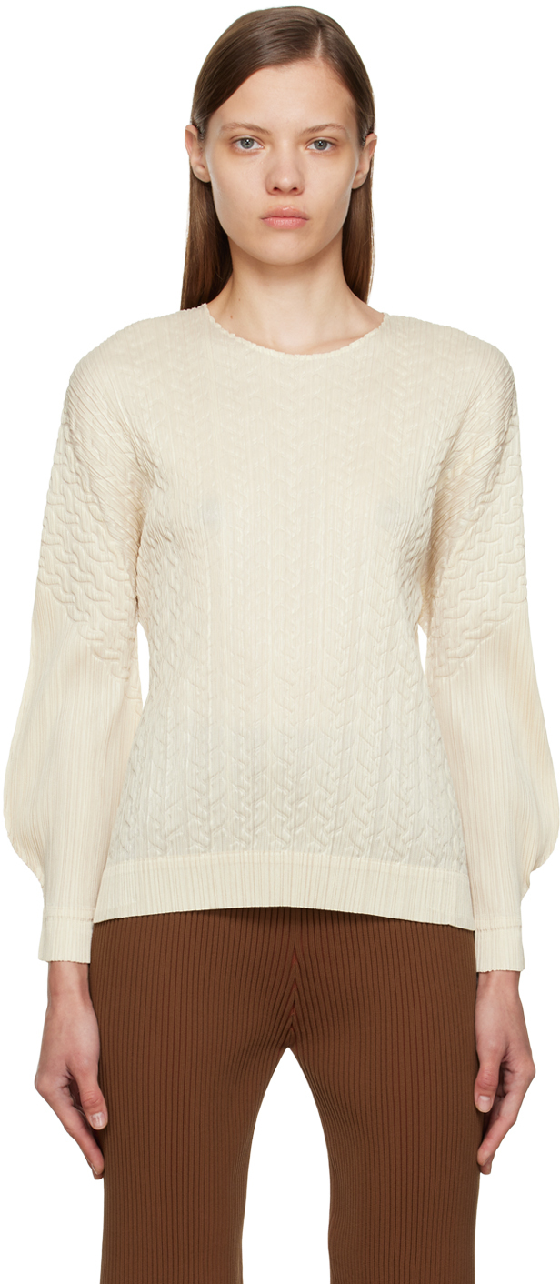 Pleats Please Issey Miyake: Beige Cable Stitch Sweater | SSENSE