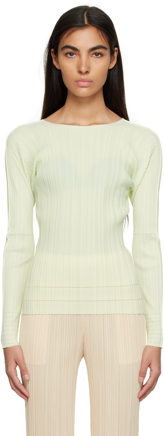 Issey Miyake Green Soft Pleats Long Sleeve T-shirt In 60 Pale Green