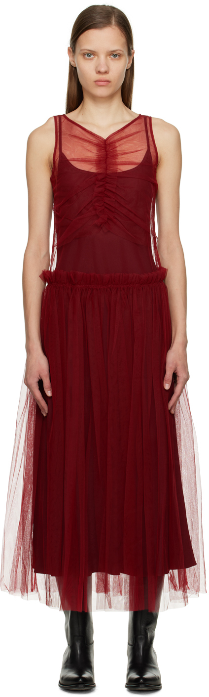 Molly Goddard Soft Tulle Gathered Panels Midi Dress In Red