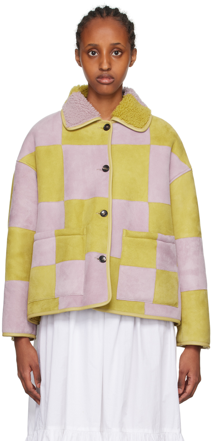 Cawley Purple & Yellow Avis Reversible Shearling Jacket In Lilac & Lime & Honey