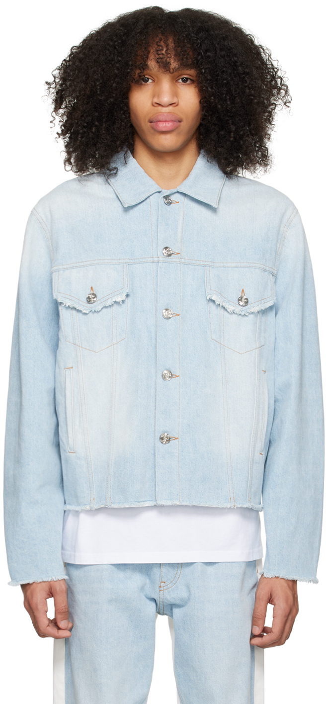 Shop Bluemarble Blue & White Frayed Denim Jacket In Bic