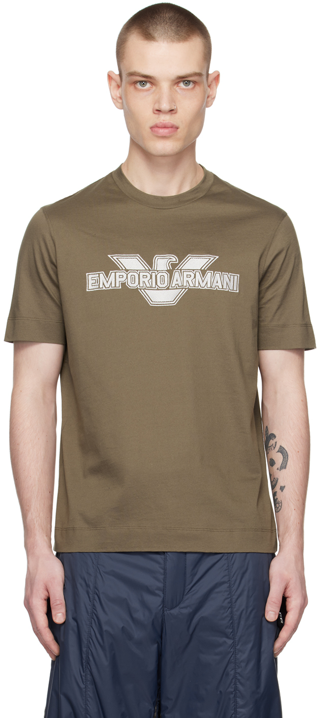 Emporio Armani Brown Embroidered T-shirt In Fango