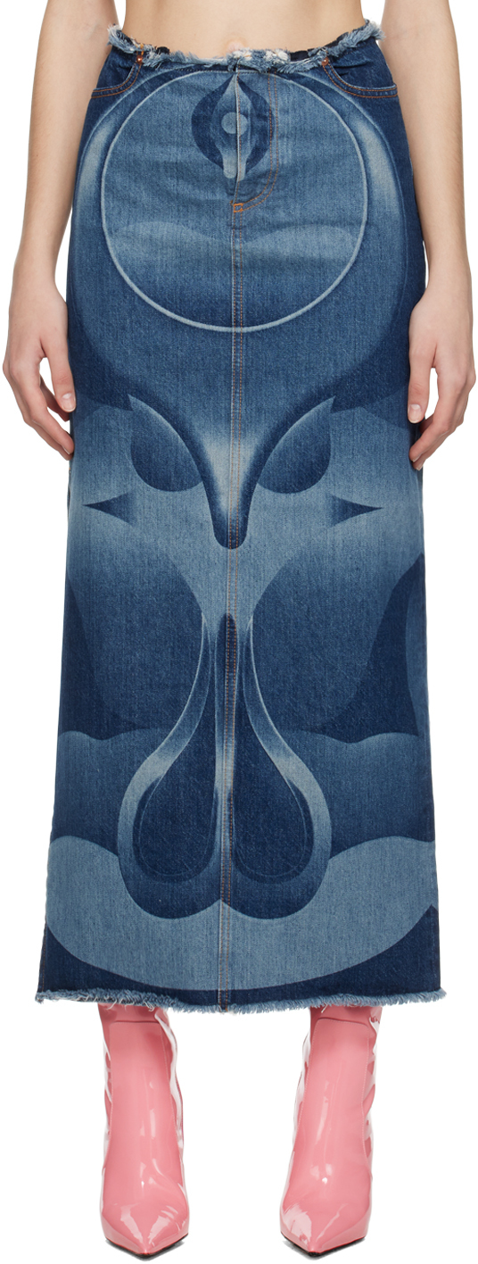 Conner Ives Laser-etched Denim Skirt In Indigo
