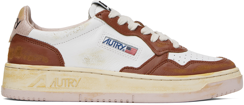 Autry White & Brown Super Vintage Trainers In Leat/crack Wht/brn/p
