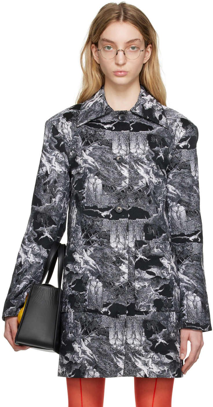 Puppets And Puppets Black & White Jacquard Coat In Black/white
