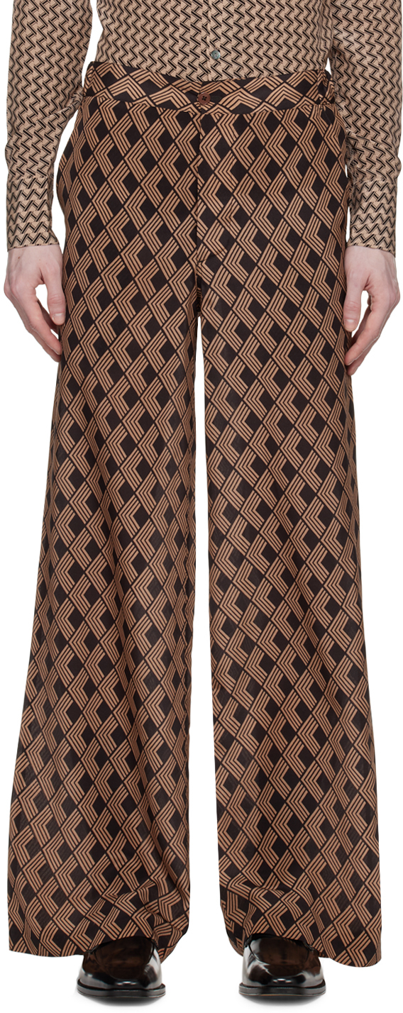 73 London Geometric-print Silk-twill Trousers In Camel/choc