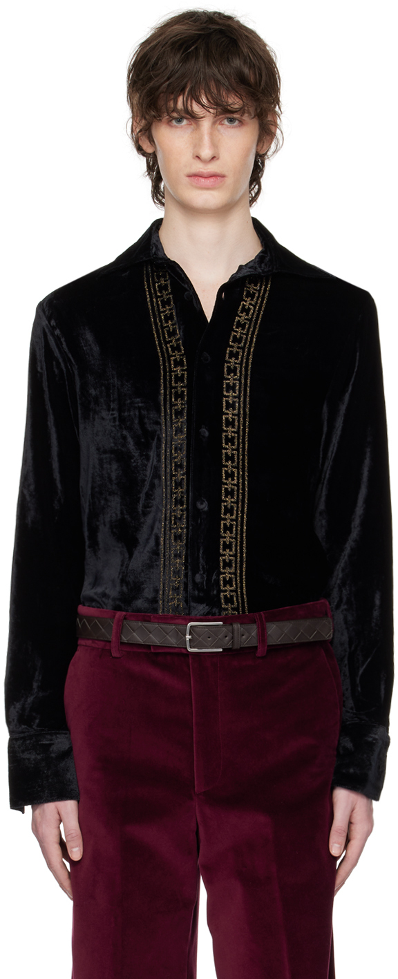 73 London Chain-embroidered Velvet Shirt In Black/gold